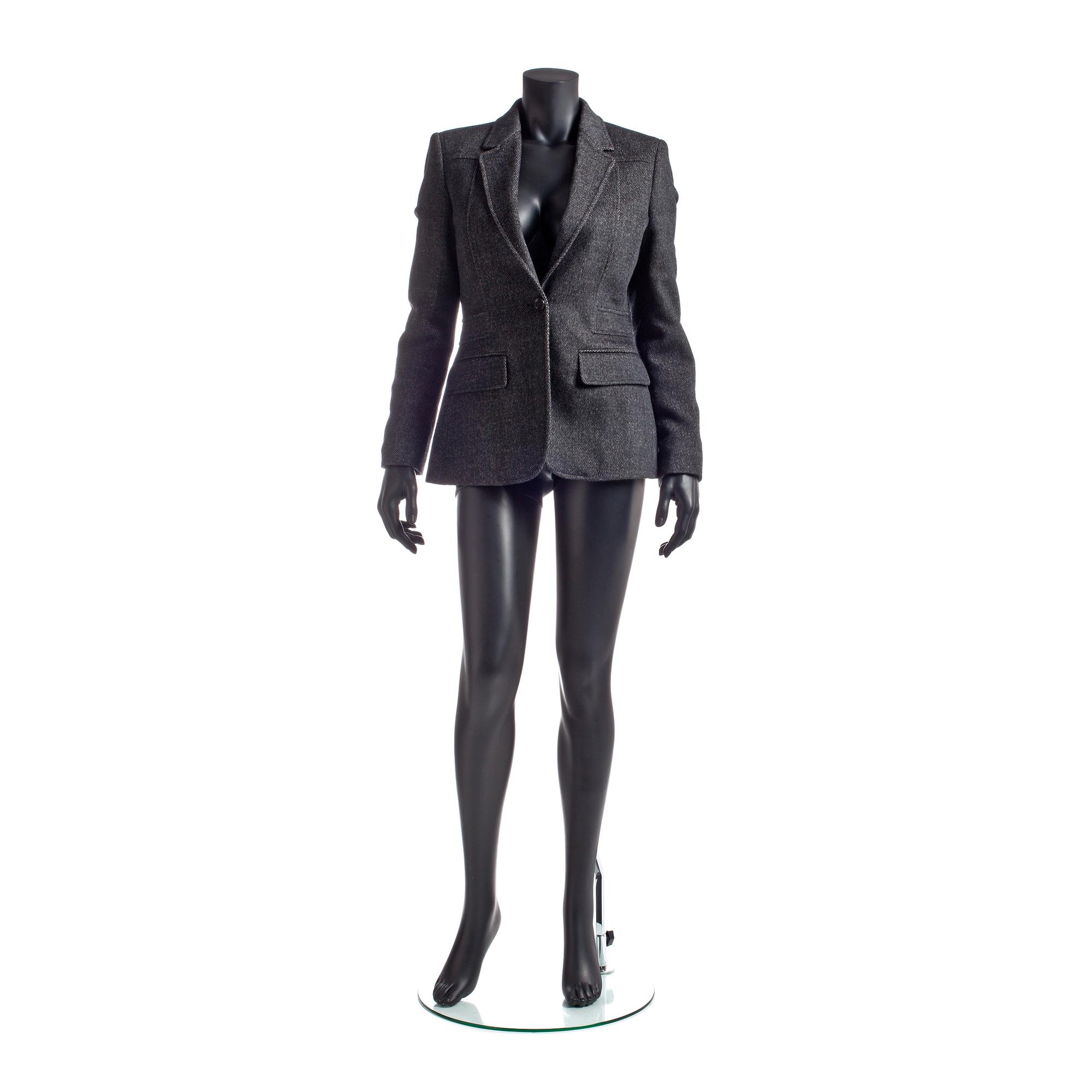 GUCCI, a dark grey wool blend jacket.