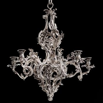 A highly important and rare Louis XV silvered brass
five-light chandelier  attributed to Pierre Boulanger, Paris c 1750.