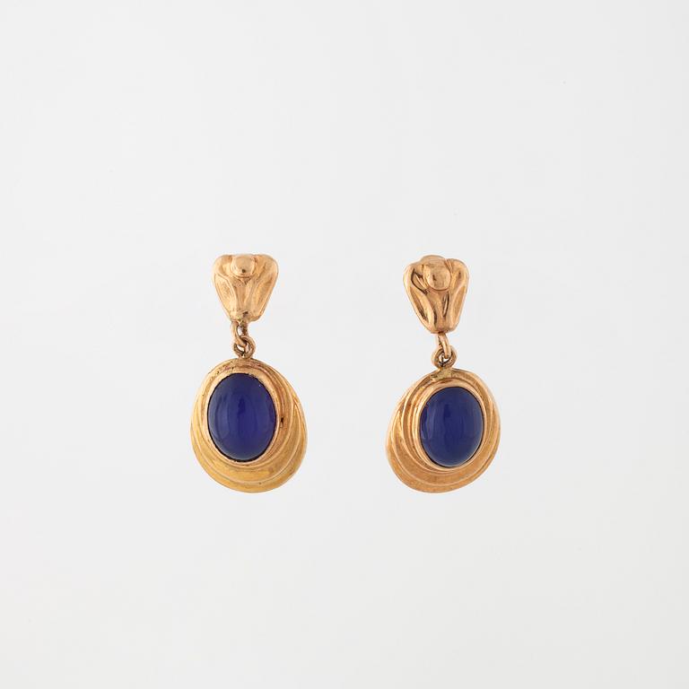 A pair of earrings, probably set with blue chalcedony by E Johansson, Stockholm, 1955.