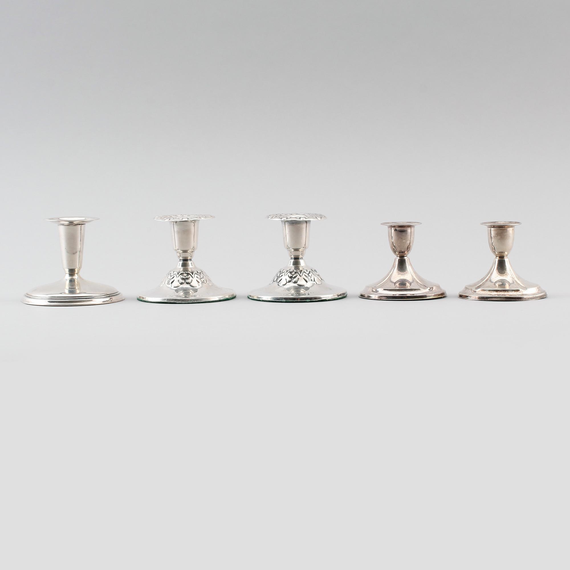 LJUSSTAKAR, 5 st, silver,bl a finska och svenska stämplar, 1900-tal.