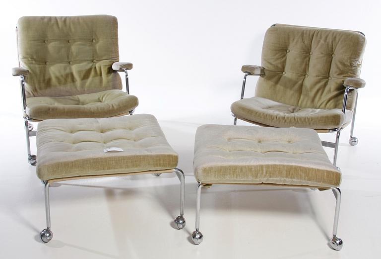 FÅTÖLJER MED FOTPALL, ett par. Modell Karin, Design Bruno Mathsson.