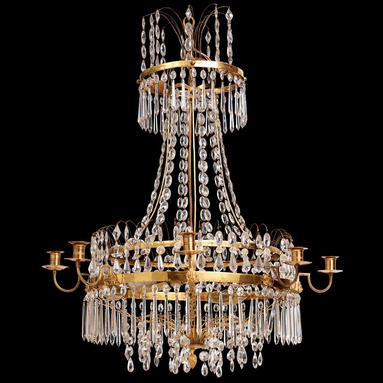 A Gustavian gilt brass and cut glass nine-branch chandelier, Stockholm late 18th century.