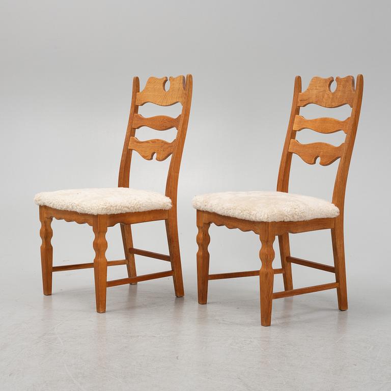 Henning Kjærnulf, a set of six oak 'Razorblade' chairs with new sheepskin upholstery, EGK, Denmark 1960s.