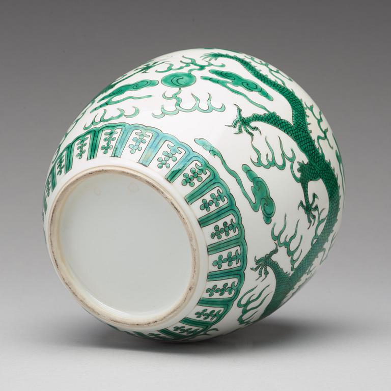 A green enamelled dragon jar, China, circa 1900.
