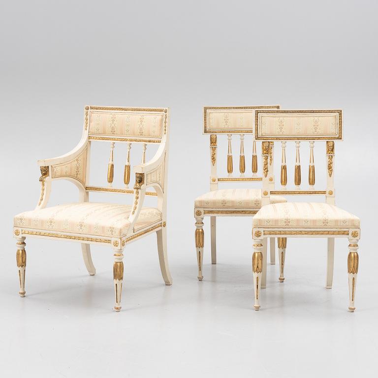 A pair of chairs and an armchair, late Gustavian style, early 20th century.