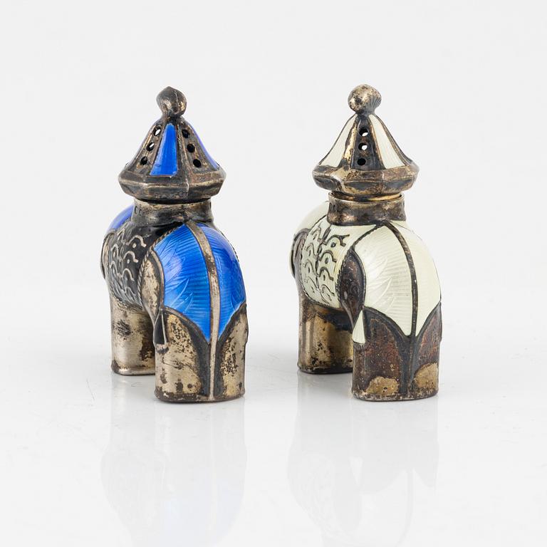 A pair of silver and enamel salt and pepper shakers, J Tostrup, Oslo, Norway.