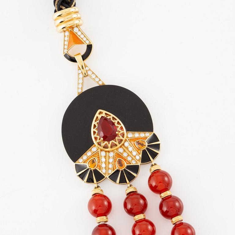 Lalique, necklace, "L'Oiseau de Feu", 18K gold with fire opal, sapphires, and diamonds on black jade.