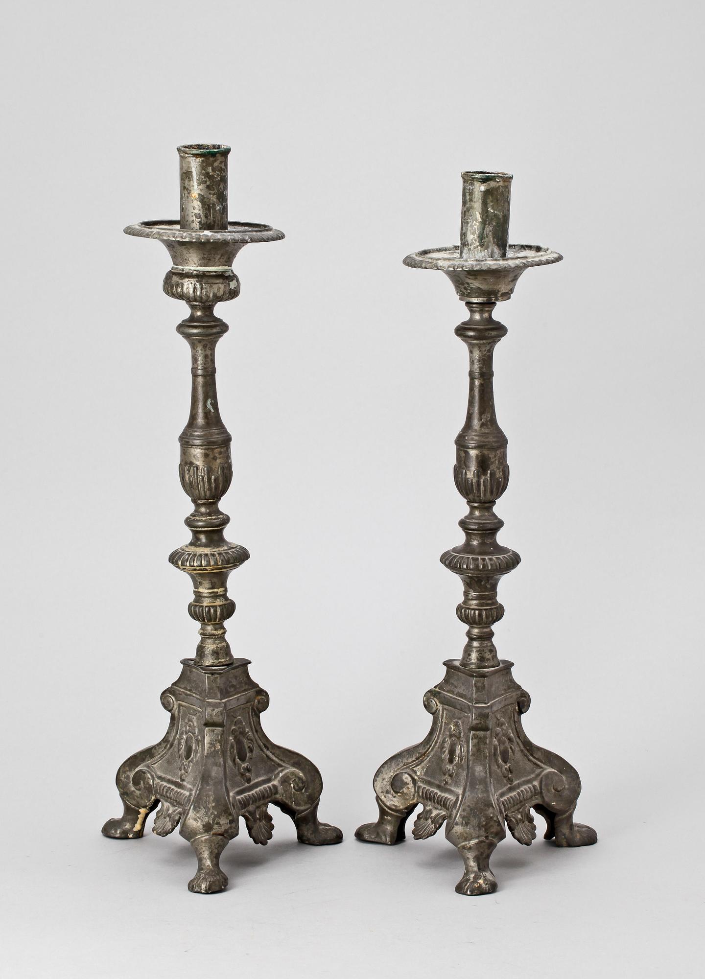 LJUSSTAKAR, tenn, ett par, Barockstil, 1800/1900-tal.