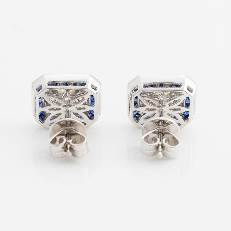Earrings with baguette and brilliant-cut diamonds and sapphires.
