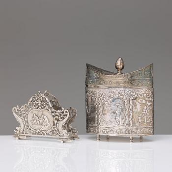 A Dutch late 19th century silver jar and napkin-holder. An ash-tray, Birmingham 1902.