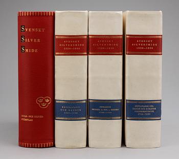 BÖCKER, "Svensk silversmide" 4 delar. Bl.a. 3 vol Svenskt silversmide 1520-1850,av bl.a. Carl Hernmarck, 1943 Stockholm.