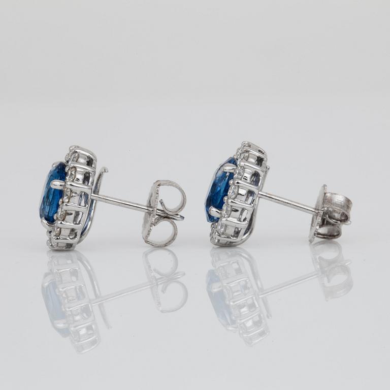 A pair of sapphire and diamond earrings. Sapphires circa 3.50cts and diamonds circa 1.00ct in total.