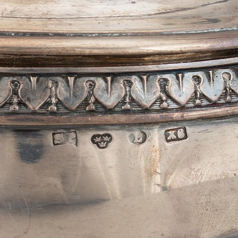 A swedish silver coffee pot, creamer sugar box and sugar tongs, mark of Samuel Pettersson, Linköping 1900.