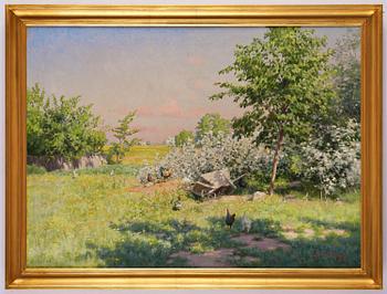 Johan Krouthén, Summer landscape with pecking hens and a wheelbarrow.