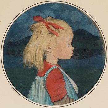 330. Ivar Arosenius, "Lillan" / "Lillan med rött hårband i profil" (Portrait of the artist's daughter with a red ribbon in her hair).