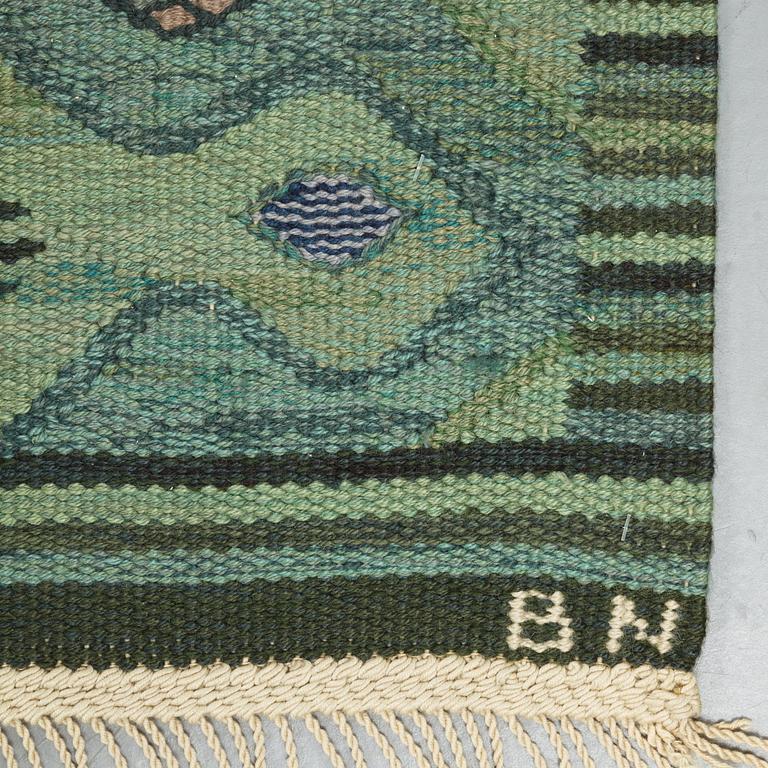 Barbro Nilsson, a carpet, "Kringelikroka, grön" ("Finspong"), flat weave, ca 227,5-231,5 x 174,5-178,5 cm, signed AB MMF BN.