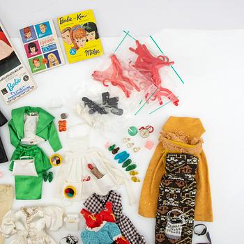 Barbie wardrobe along with clothes and accessories, 1960s, including "Theatre date" 1964.