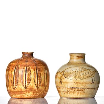 Anders Bruno Liljefors, two stoneware vases, Gustavsberg studio, Sweden ca 1949-50.