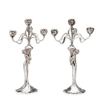 490. A pair of Art Nouveau silver plated four-light candelabra by Würtenbergische Metallwaren Fabrik (WMF), Germany.