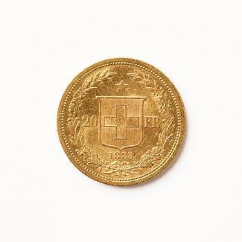 Guldmynt, Schweiz, 20 Franc 1883.