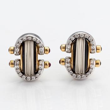 Kaulakoru ja korvkaorupari, 18K kultaa, timantteja n. 1.56 ct yht, rubiineja, onyxia ja vuorikristallia. Maxart, Italia.