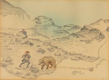 Nils Nilsson Skum, krit- och blyertsteckning, signerad och daterad 1943.