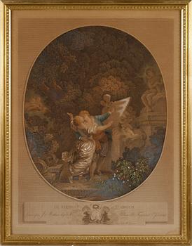 GRAVYRER, 2 st, efter Fragonard, 1800-tal.