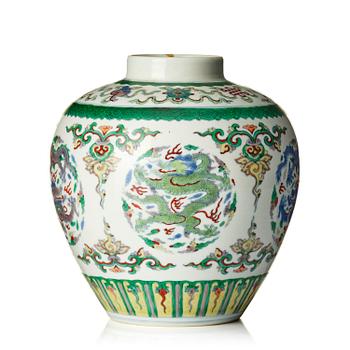831. A rare doucai dragon medallion jar, Qing dynasty, Yongzheng mark and of the period (1723-35).