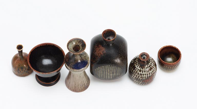 A set of six Stig Lindberg stoneware miniatures, Gustavsberg studio 1960's.