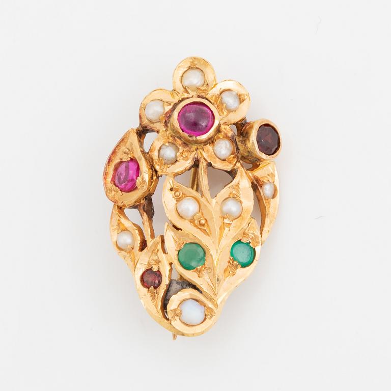 Gold and coloured stone and pearl brooch.