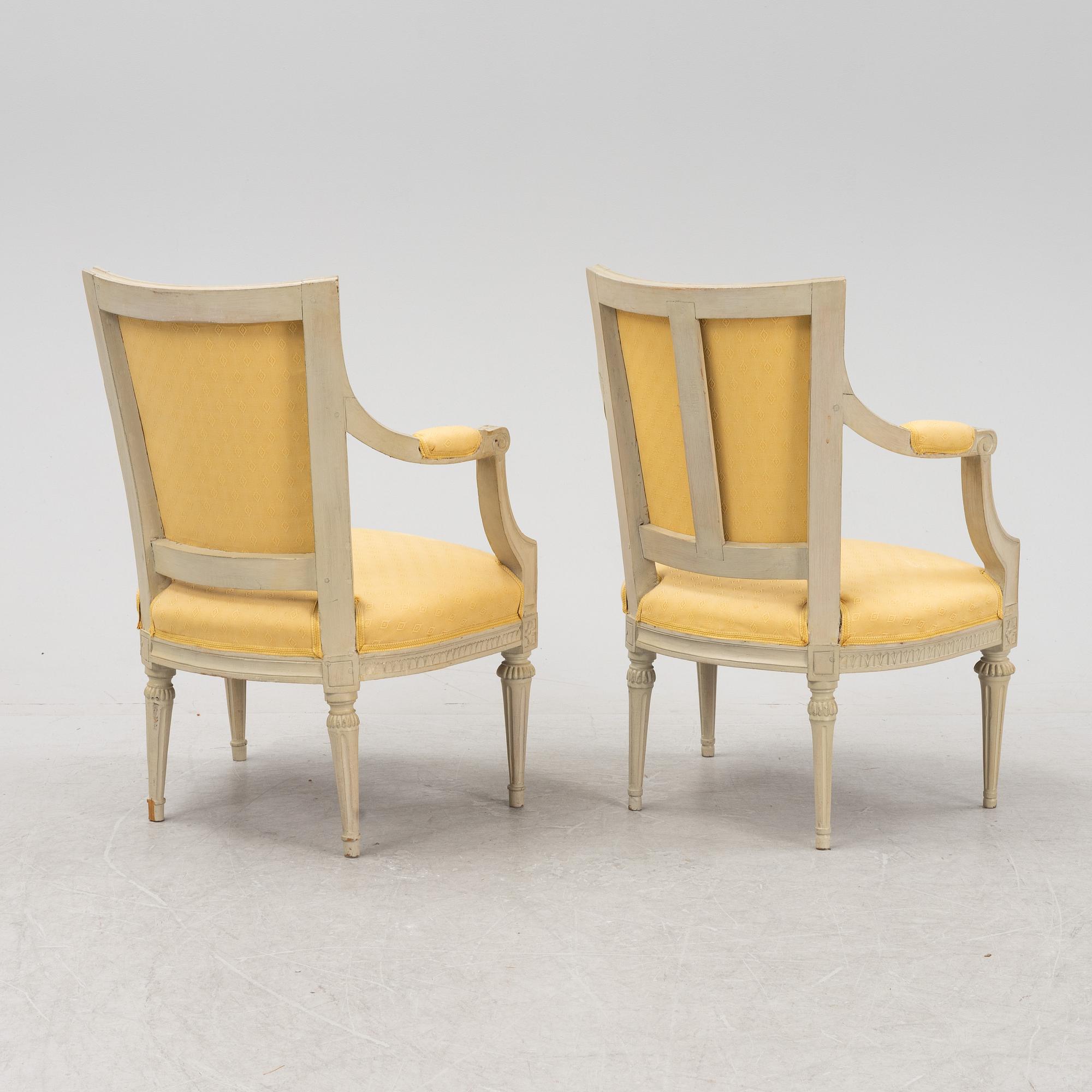 A matched pair of Gustavian armchairs, one signed by Johan Lindgren Stockholm.