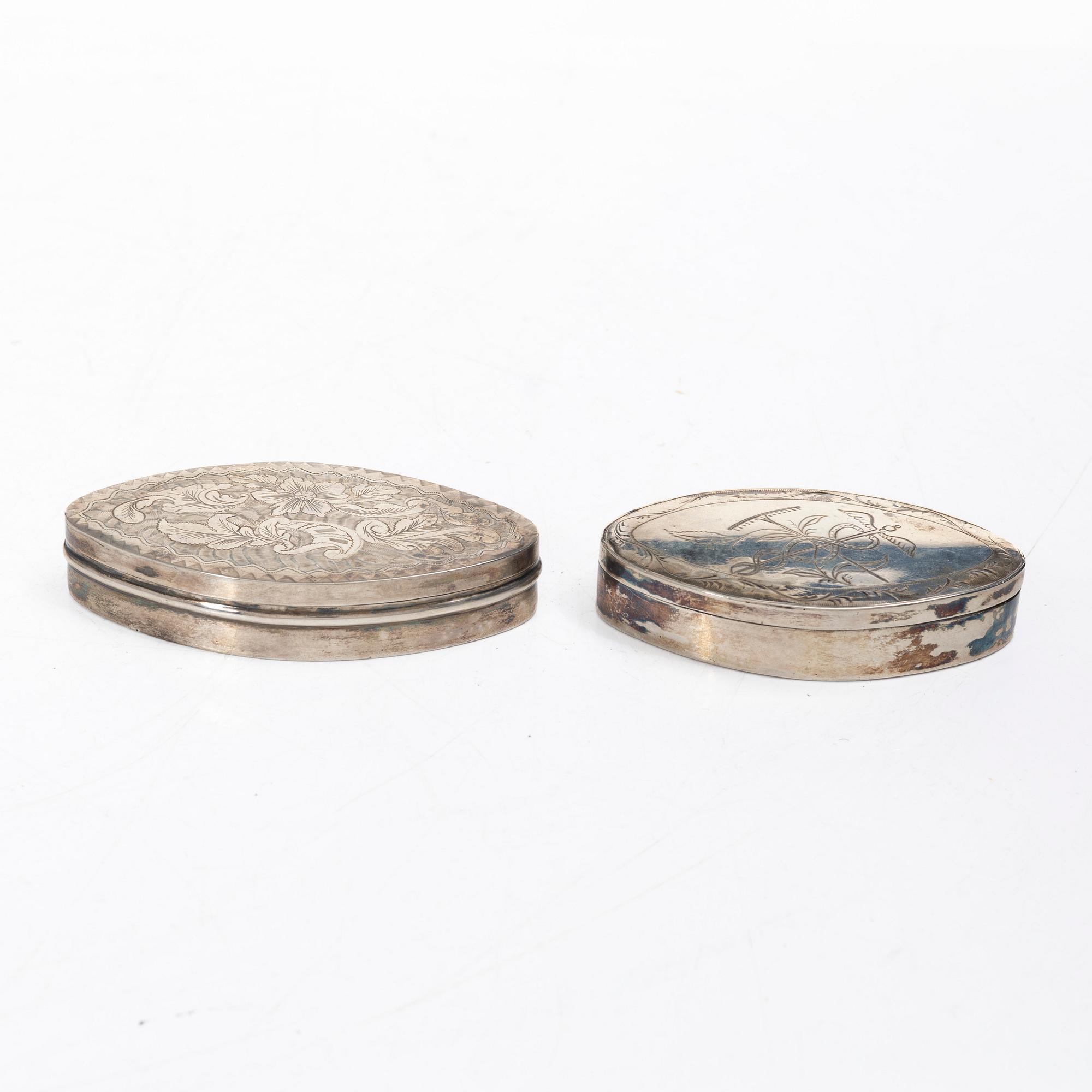 Five silver boxes, 19th century.
