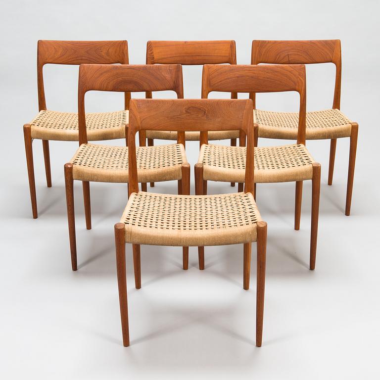 Niels Otto Møller, stolar, 6 st, modell 77, J.L. Møllers Møbelfabrik, Danmark, 1960-tal.