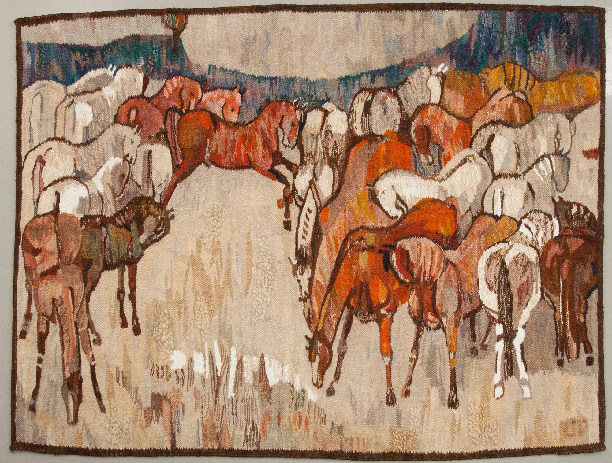 VÄVNAD, linne och ull, signerad GP. Etikettmärkt Piotr Grabowski. 1900-talets senare hälft.