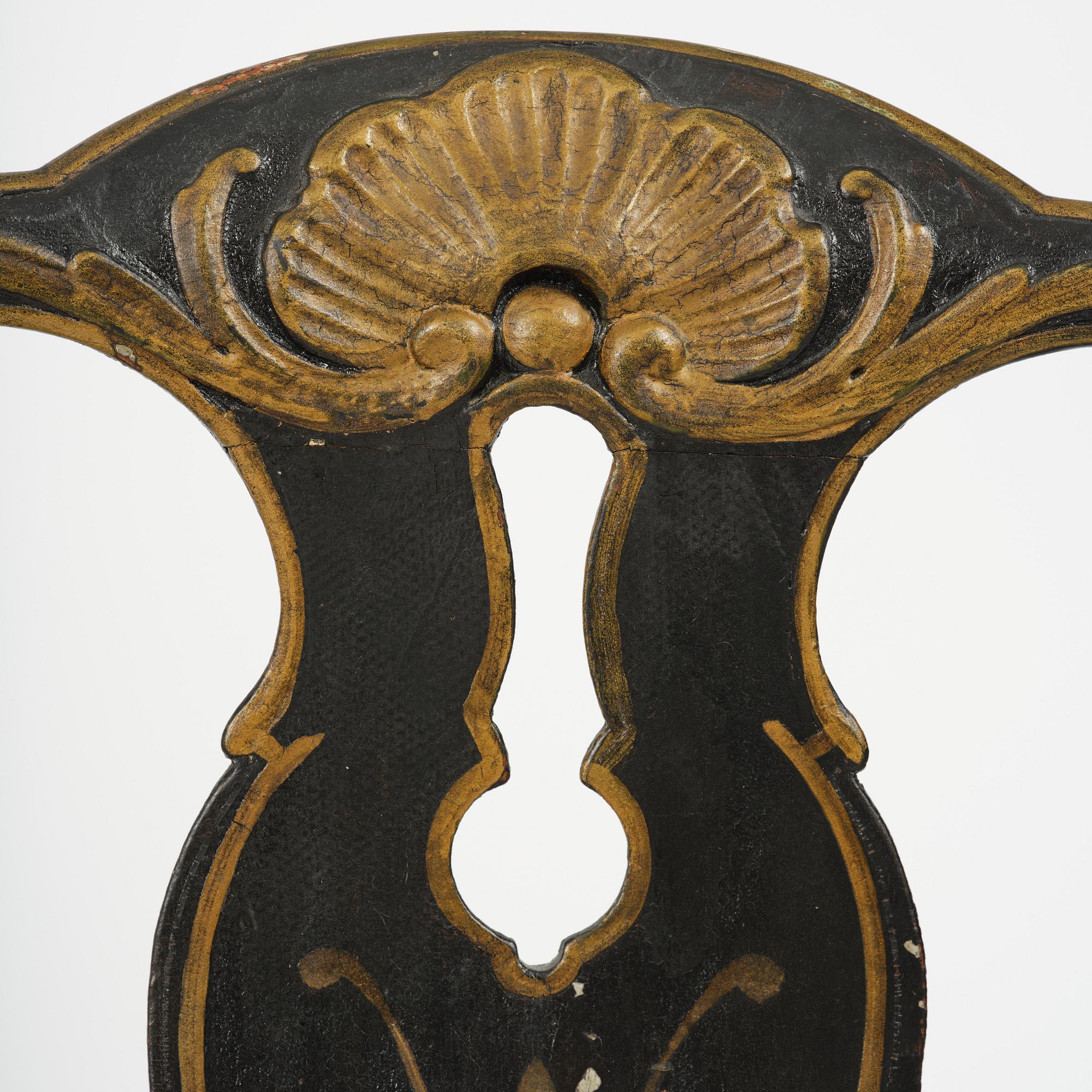 A pair of japanned Swedish rococo armchairs, Stockholm, later part 18th century.