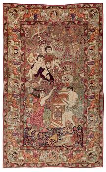 418. An antique pictorial Kirman rug, South Persia, c. 216 x 132 cm.