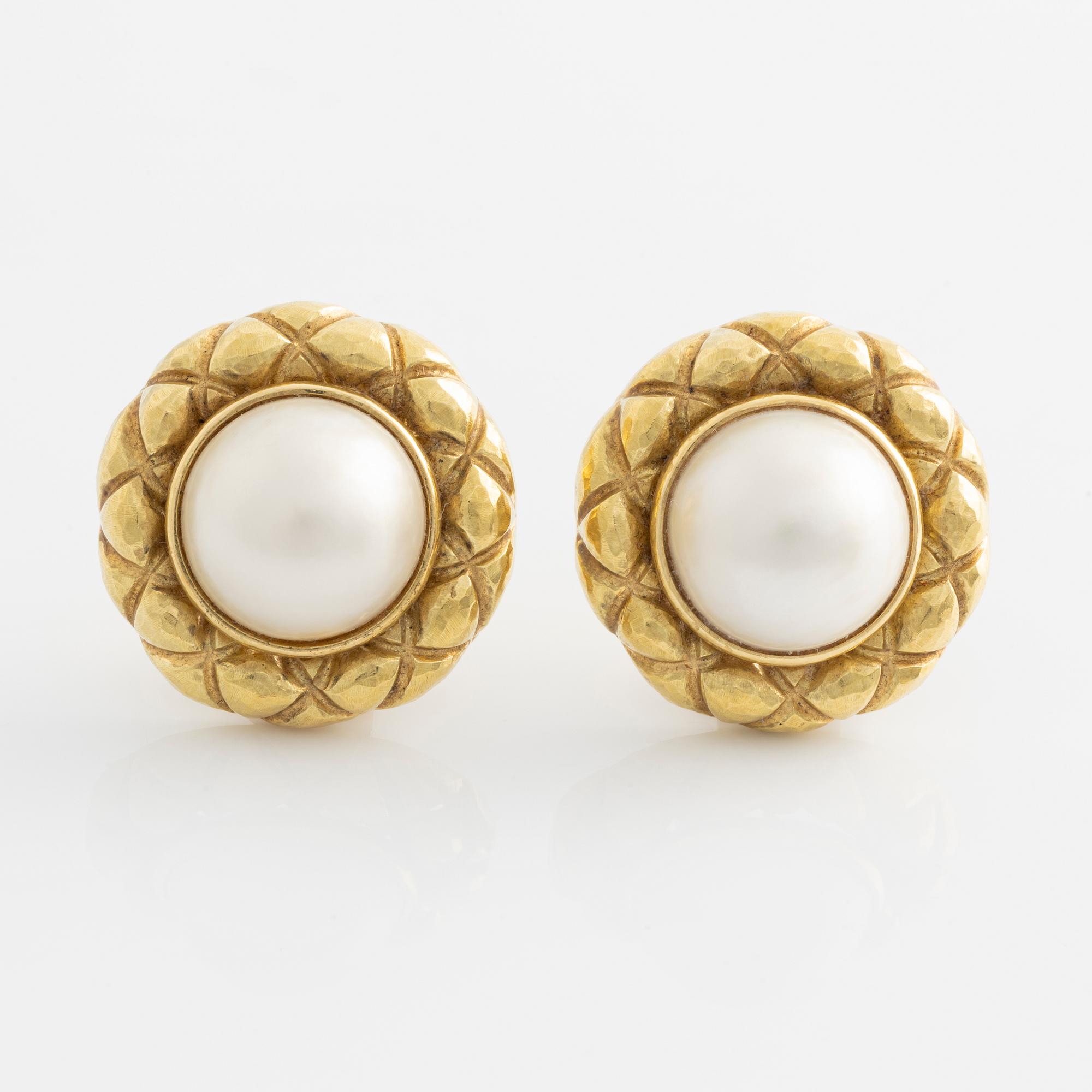 Clips, a pair, gold and mabe pearl.