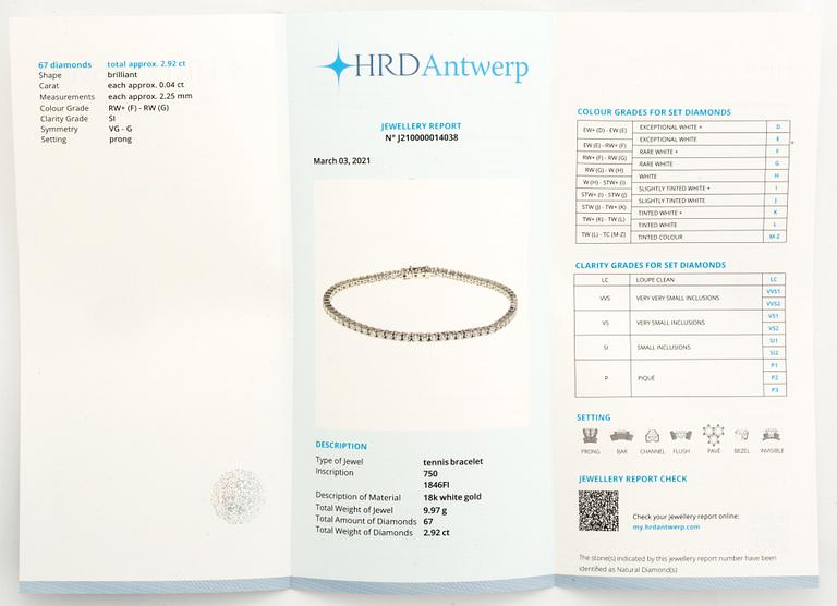 Brilliant-cut diamond bracelet, with certificate HRD.