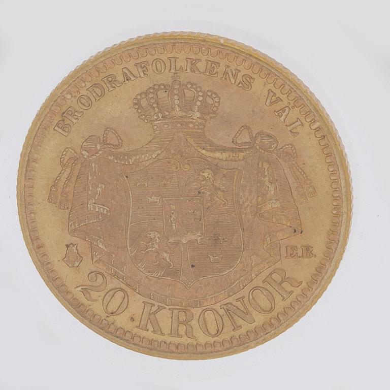 MYNT, guld, 20 kronor, Oscar II, 1884, vikt ca 9 g.