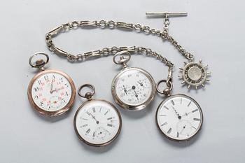 HERRFICKUR, 3 stycken samt TIDTAGARUR, bl.a. silver och Omega, sent 1800-tal till 1900-talets första hälft.