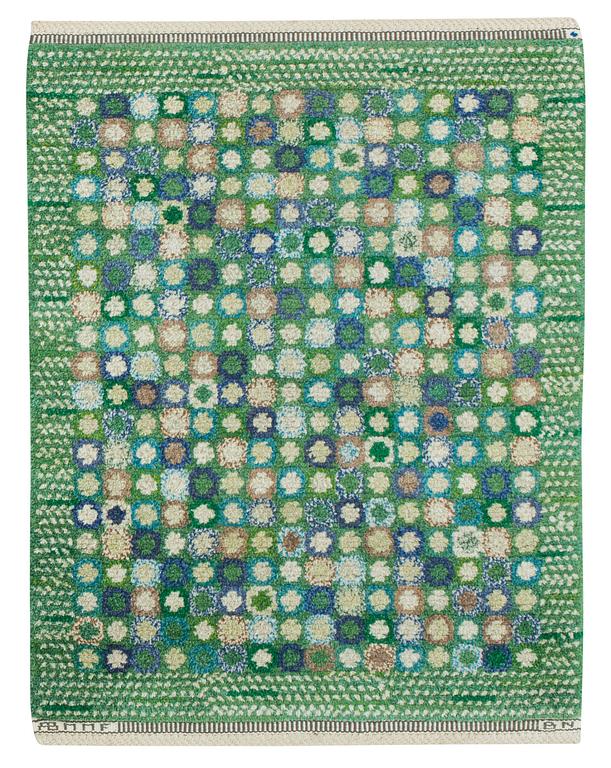 Barbro Nilsson, A CARPET. "Bankrabatten grön". Knotted pile. 107 x 83,5 cm. Signed AB MMF BN.