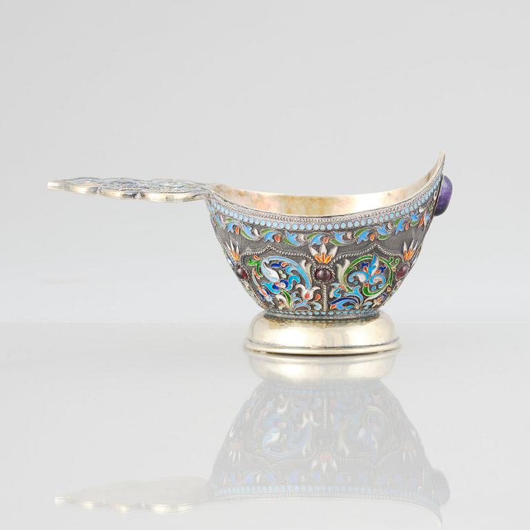 A Russian early 20th Century silver-gilt and enameled kovsh, mark of Semen kazakov, Moscow 1908-1917.