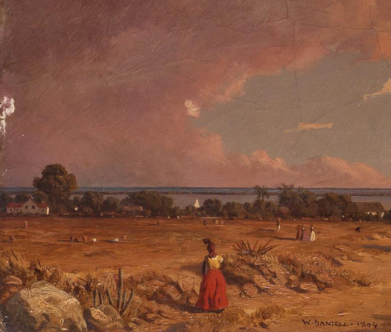 William Daniell, tillskriven, Vy med figurer, troligen mot floden Hooghley och Bengaliska bukten.