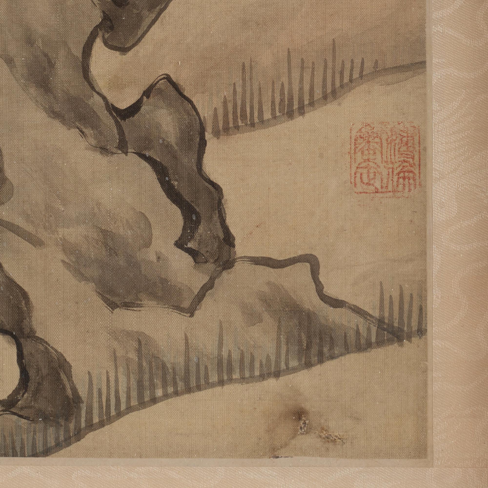 Ma Yuanyu After, Birds by a rock formation next to a lotus pond.