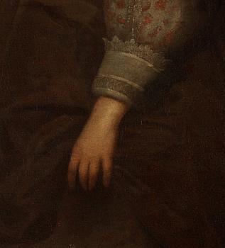 Michiel Jansz. van Mierevelt Circle of, Girl in velvet dress with lace, holding a feather.