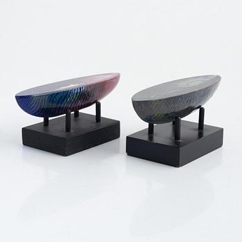 Bertil Vallien, a pair of glass boat sculptures, Kosta Boda, Sweden.