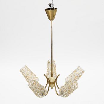 A brass and glass ceiling light, mid 20th Century.