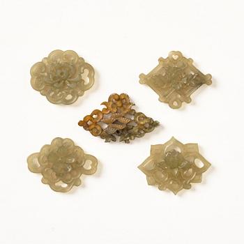 Plaketter, fem stycken, nefrit. Qingdynastin.