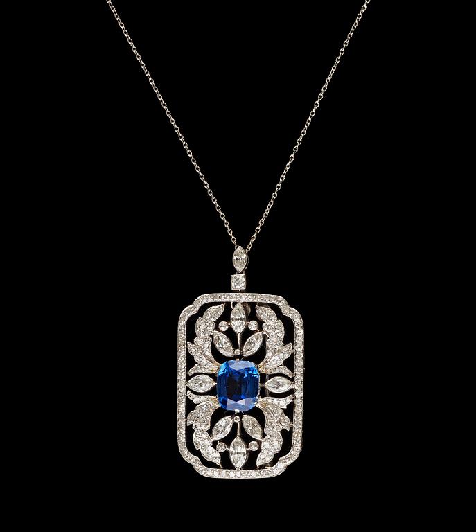 A W.A. Bolin platinum, blue sapphire, app. 4.60 cts, and diamond pendant/brooch, tot. 4.69 cts. Stockholm 1930.