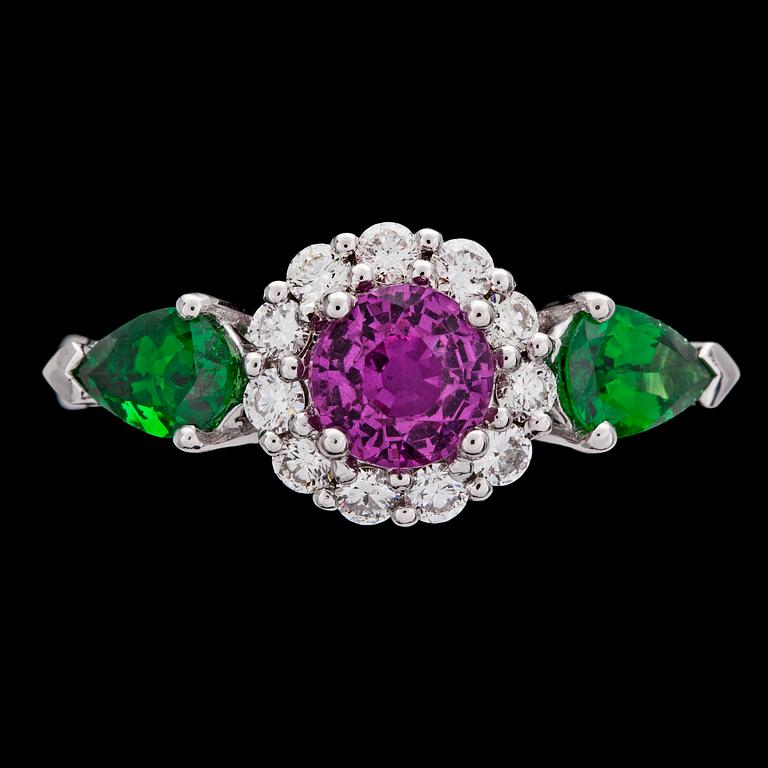A pink sapphire, tsavorite and diamond ring.